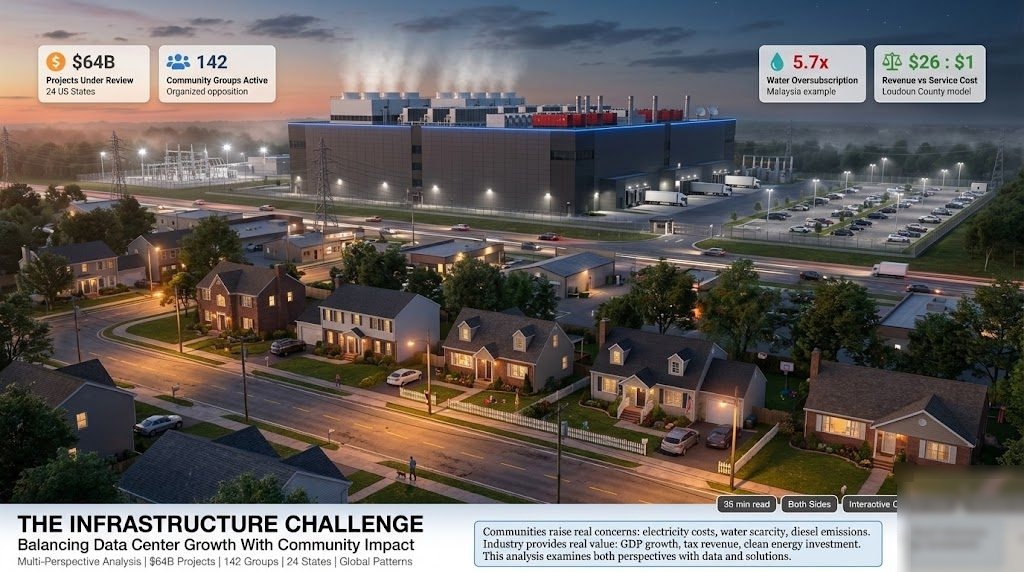 The $64 Billion Rebellion — Balancing Data Center Growth with Community Impact: $64B projects, 142 groups, 5.7x water oversubscription, $26:$1 revenue ratio