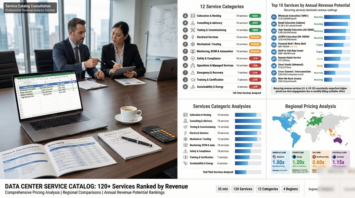 Data Center Service Catalog Overview — 135+ services across 12 categories, 4 regional pricing zones, ranked by Annual Revenue Potential