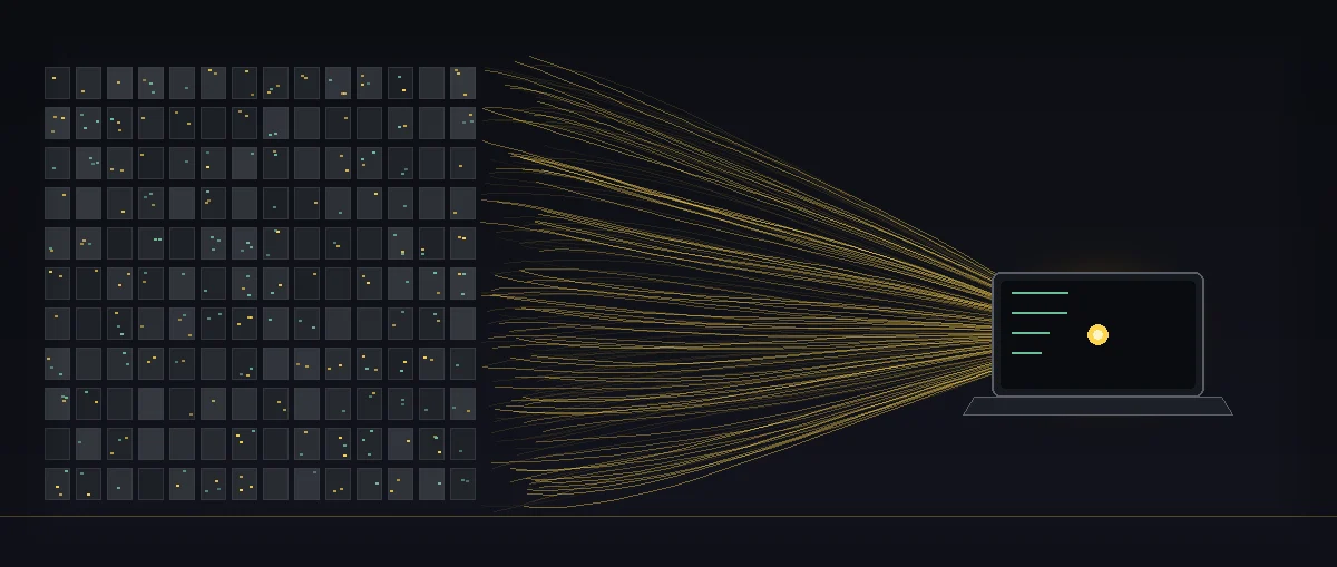 Datacenter rack wall compressing through golden data streams into a single glowing laptop — the compression horizon