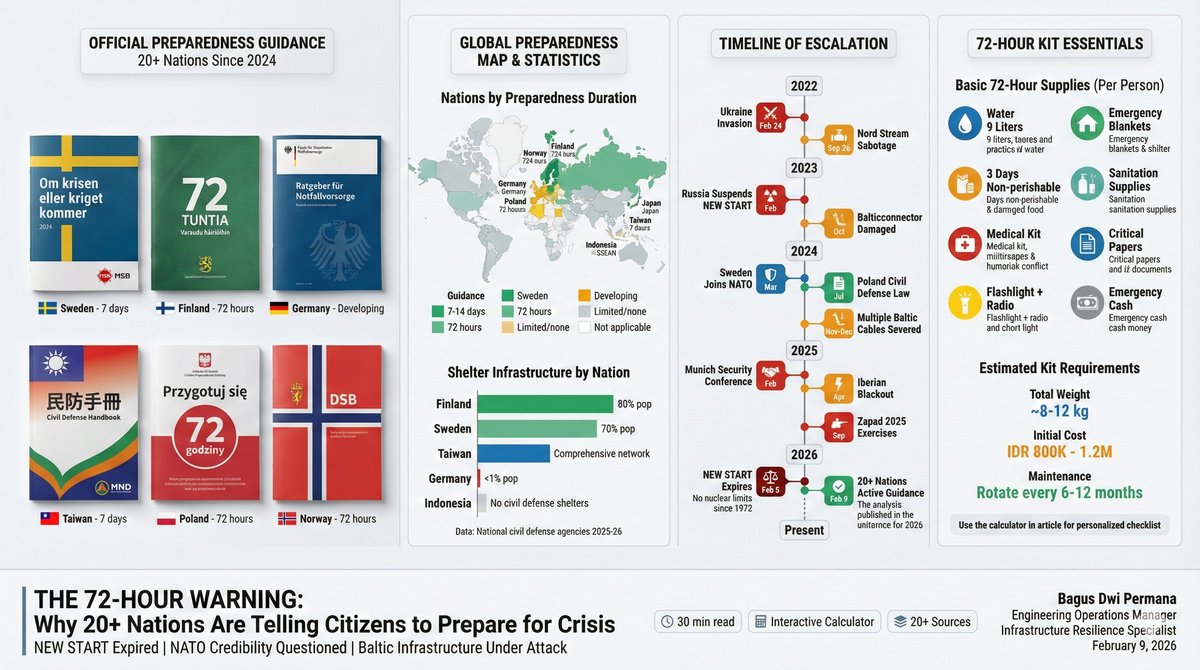 72-Hour Warning: Global Emergency Preparedness Infographic showing the convergence of geopolitical threats and civil defense guidance from 20+ nations
